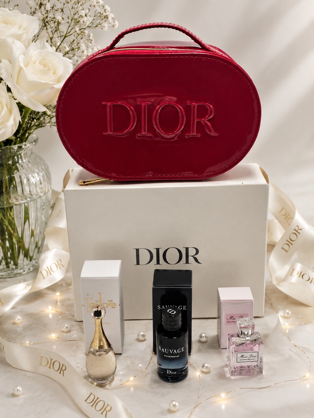 Dior Red Patent Oval Vanity Case With A Minituare Jadore Miss Dior And Sauvage